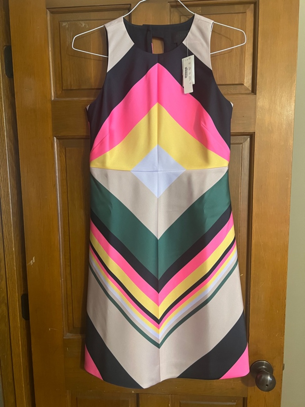 NWT, J. Crew, Colorblock Chevron Shift Dress with Neon Pink & Emerald Accents